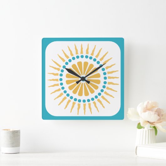 Turquoise Orange Sunburst Wall Clock Quadratische Wanduhr (Zuhause)