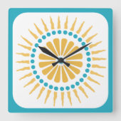 Turquoise Orange Sunburst Wall Clock Quadratische Wanduhr (Vorderseite)