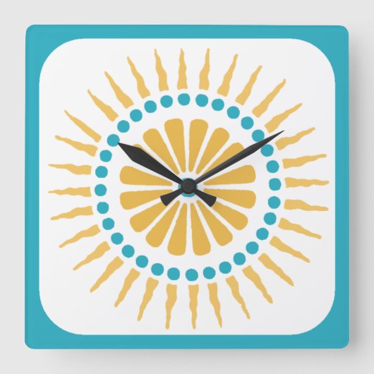 Turquoise Orange Sunburst Wall Clock Quadratische Wanduhr (Vorderseite)