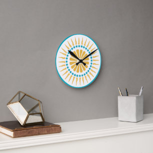 Turquoise Orange Sunburst Wall Clock Runde Wanduhr