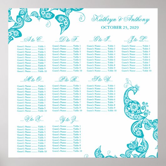 Turquoise Paisley Peacock Wedding Chart Poster (Vorne)