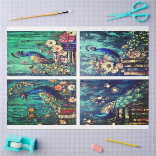 Turquoise Peacock Collage von Elsie Lane Seidenpapier (Basteln)
