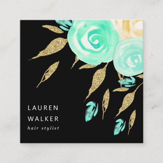 Turquoise Peonies Imitats Gold Glitzer Visitenkart Quadratische Visitenkarte (Vorderseite)