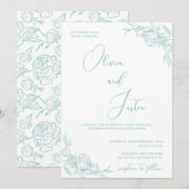 Turquoise Peony Elegance Wedding Einladung (Vorne/Hinten)