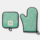 Turquoise Peony Pattern Ofenhandschuh & Topflappen-Set (Vorderseite)
