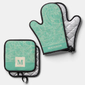 Turquoise Peony Pattern Ofenhandschuh & Topflappen-Set (Vorderseite/Rückseite)