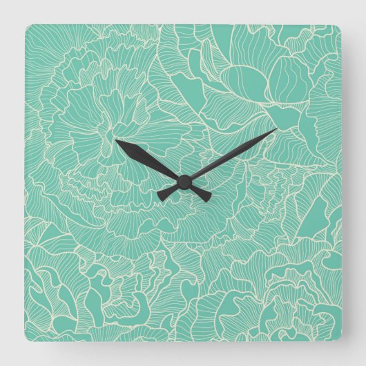Turquoise Peony Pattern Quadratische Wanduhr (Vorderseite)