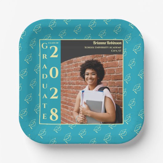 Turquoise Photo Modern Graduation Cap Party Pappteller (Vorderseite)