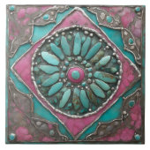 Turquoise & Pink Boho Mosaic Mandala Artwork Fliese (Vorderseite)