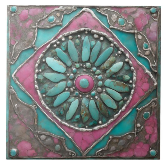 Turquoise & Pink Boho Mosaic Mandala Artwork Fliese (Vorderseite)