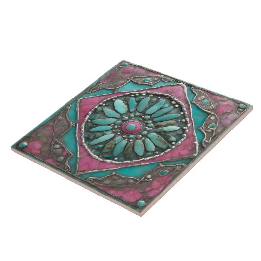 Turquoise & Pink Boho Mosaic Mandala Artwork Fliese (Seite)