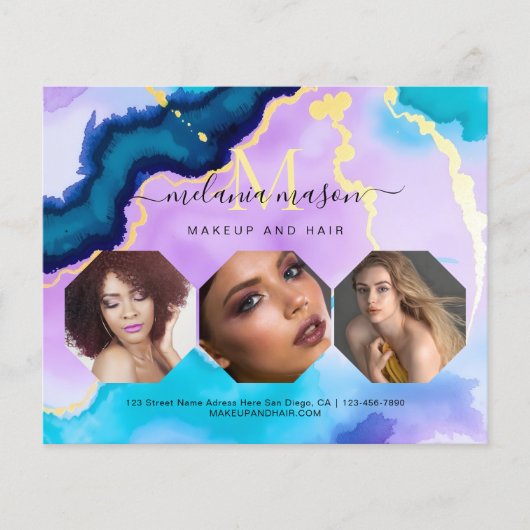 Turquoise Purple Agate Makeup Artist Watercolor Flyer (Vorne)