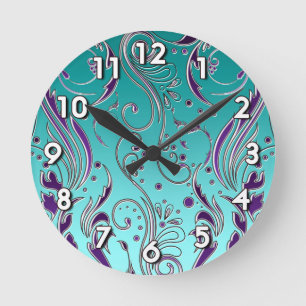 Turquoise Purple swirl Runde Wanduhr