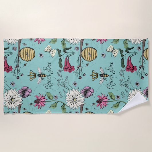 Turquoise Queen Bee Floral Pattern Strandtuch (Vorderseite)