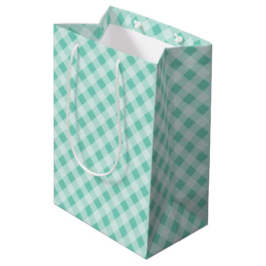 Turquoise Retro Gingham Gift Bag Mittlere Geschenktüte (Rückseite Schrägansicht)