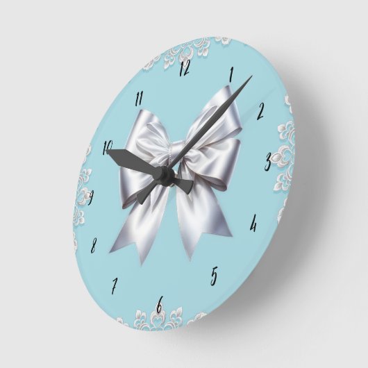 Turquoise Robin's Egg Blue Big White Bow Bridal Runde Wanduhr (Winkel)