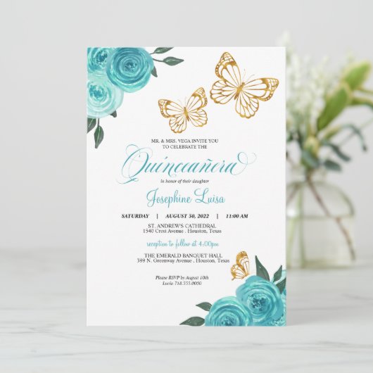 Turquoise Rose Gold Butterfly Quinceañera Geburtst Einladung (Stehend Vorderseite)