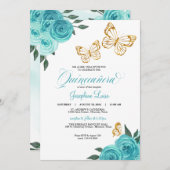 Turquoise Rose Gold Butterfly Quinceañera Geburtst Einladung (Vorne/Hinten)