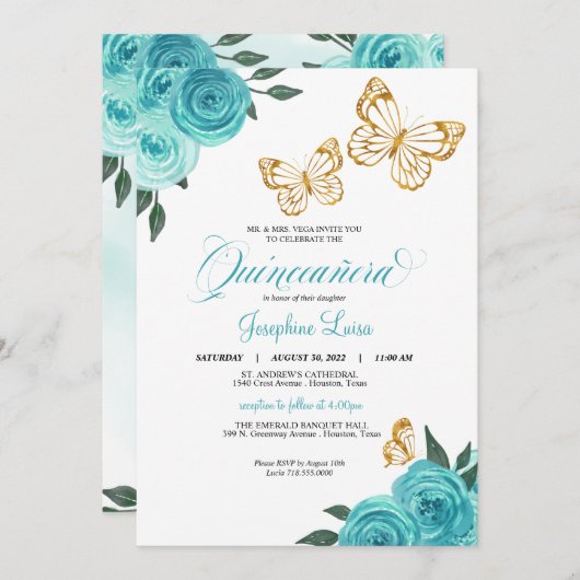 Turquoise Rose Gold Butterfly Quinceañera Geburtst Einladung (Vorne/Hinten)