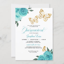 Turquoise Rose Gold Butterfly Quinceañera Geburtst Einladung