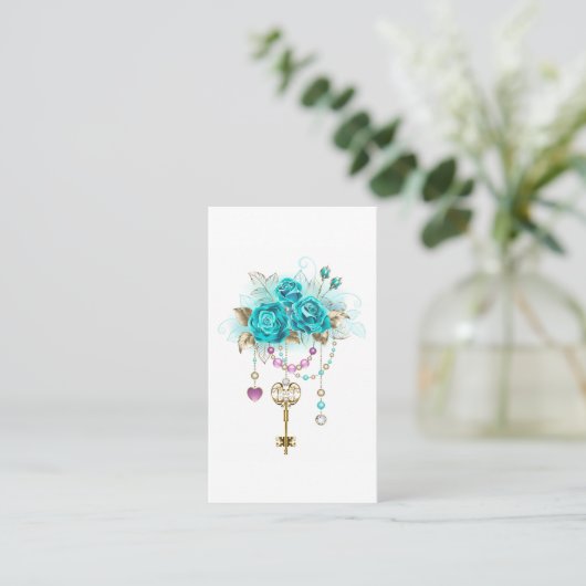 Turquoise Roses with Keys Platzkarte (Stehend Vorderseite)