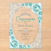 Turquoise Silver Floral Quinceanera Acryleinladungen (Vorderseite)