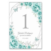 Turquoise Silver Floral Quinceanera Tischnummer (Rückseite)