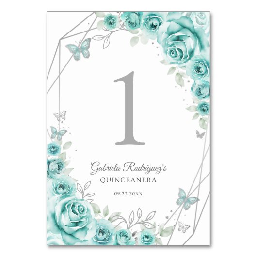 Turquoise Silver Floral Quinceanera Tischnummer (Vorderseite)