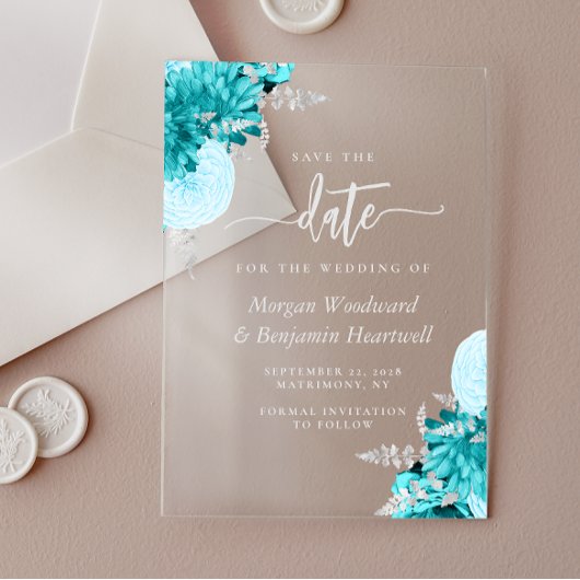 Turquoise Silver Floral Wedding Save the Date Acryleinladungen