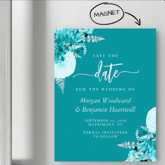 Turquoise Silver Floral Wedding Save the Date Magneteinladung