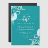 Turquoise Silver Floral Wedding Save the Date Magneteinladung (Vorne/Hinten)