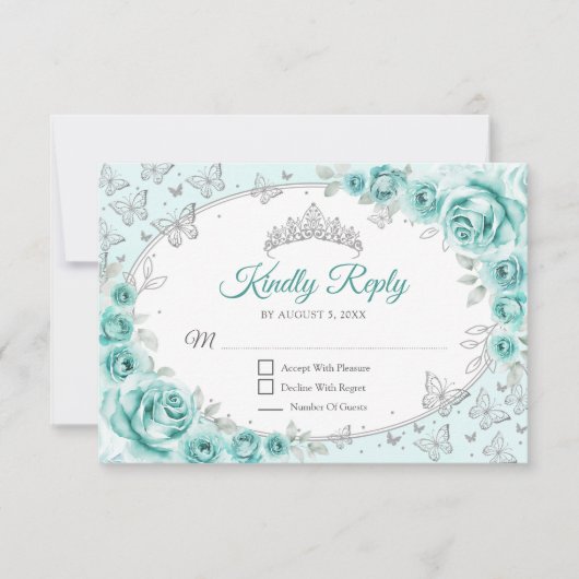Turquoise Silver Quinceanera Reply RSVP Karte (Vorderseite)