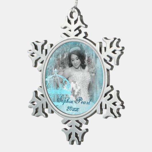Turquoise Snowflake Christmas Photo Ornaments Schneeflocken Zinn-Ornament (Rechts)