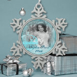 Turquoise Snowflake Christmas Photo Ornaments Schneeflocken Zinn-Ornament<br><div class="desc">Commemorate your Quinceañera with a personalized / custom Christmas ornament. Elegant turquoise snowflake photo ornament is a beautiful choice for birthdays. Turquoise watercolor background with glitter horse carriage will beautifully transfer to other gifts. This whimsical horse carriage Quinceanera ornament is dazzling as a wide variety of other ornaments, stickers, boxes,...</div>