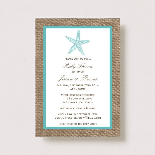 Turquoise Starfish Burlap Beach Baby Dusche Einladung