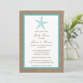 Turquoise Starfish Burlap Beach Baby Dusche Einladung (Stehend Vorderseite)