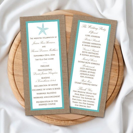 Turquoise Starfish Burlap Beach Hochzeitsprogramm Werbekarte
