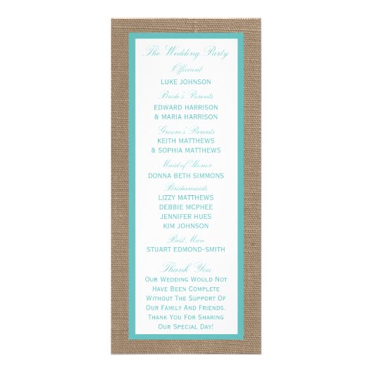 Turquoise Starfish Burlap Beach Hochzeitsprogramm Werbekarte (Hinten)