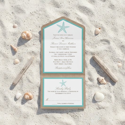 Turquoise Starfish Burlap Beach Wedding Collection All In One Einladung