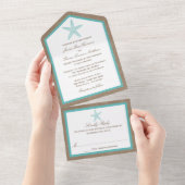 Turquoise Starfish Burlap Beach Wedding Collection All In One Einladung (Abreißen)