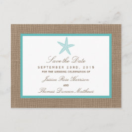 Turquoise Starfish Burlap Beach Wedding Collection Ankündigungspostkarte