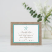 Turquoise Starfish Burlap Beach Wedding Collection Ankündigungspostkarte (Stehend Vorderseite)