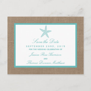 Turquoise Starfish Burlap Beach Wedding Collection Ankündigungspostkarte
