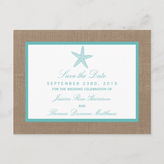 Turquoise Starfish Burlap Beach Wedding Collection Ankündigungspostkarte (Vorderseite)