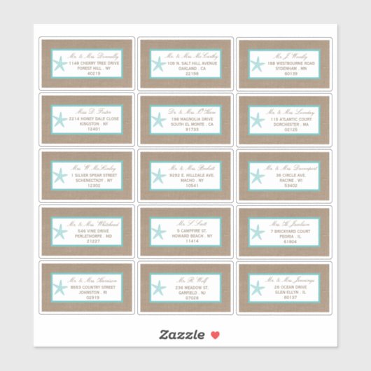 Turquoise Starfish Burlap Beach Wedding Collection Aufkleber (Blatt)