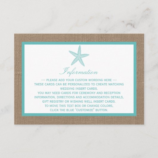 Turquoise Starfish Burlap Beach Wedding Collection Begleitkarte (Vorderseite)
