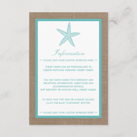 Turquoise Starfish Burlap Beach Wedding Collection Begleitkarte (Vorderseite)