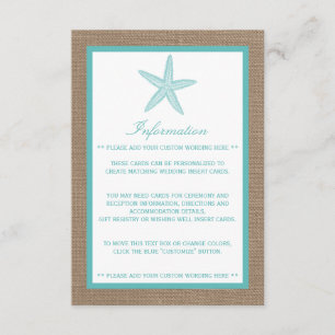 Turquoise Starfish Burlap Beach Wedding Collection Begleitkarte