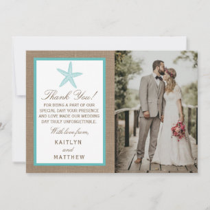 Turquoise Starfish Burlap Beach Wedding Collection Dankeskarte
