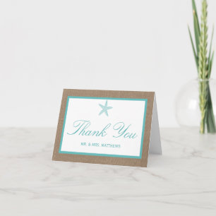 Turquoise Starfish Burlap Beach Wedding Collection Dankeskarte